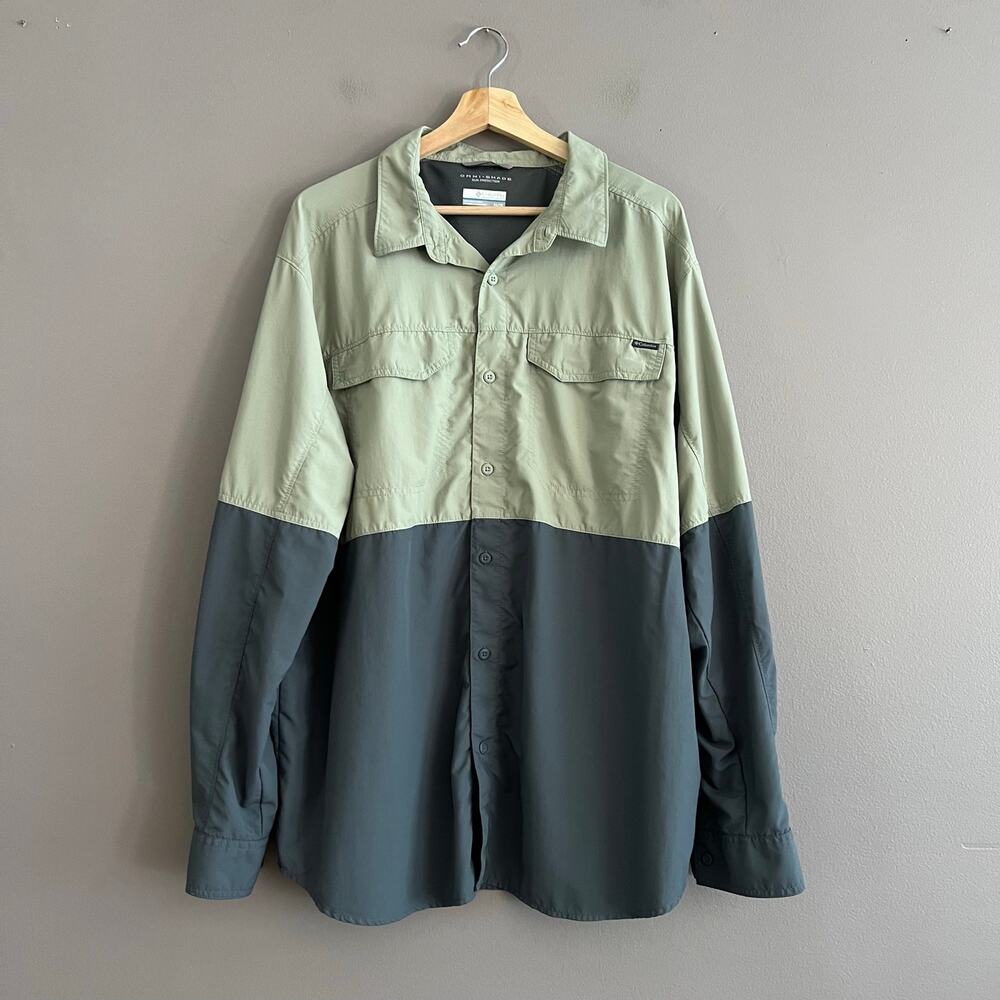 Columbia Omni-Shade Button Up Shirt Men XL Green Gray Sun Protection Long Sleeve